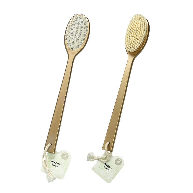 Goldene Badeb&uuml;rste mit langem Griff aus Holz, Massage 2in1