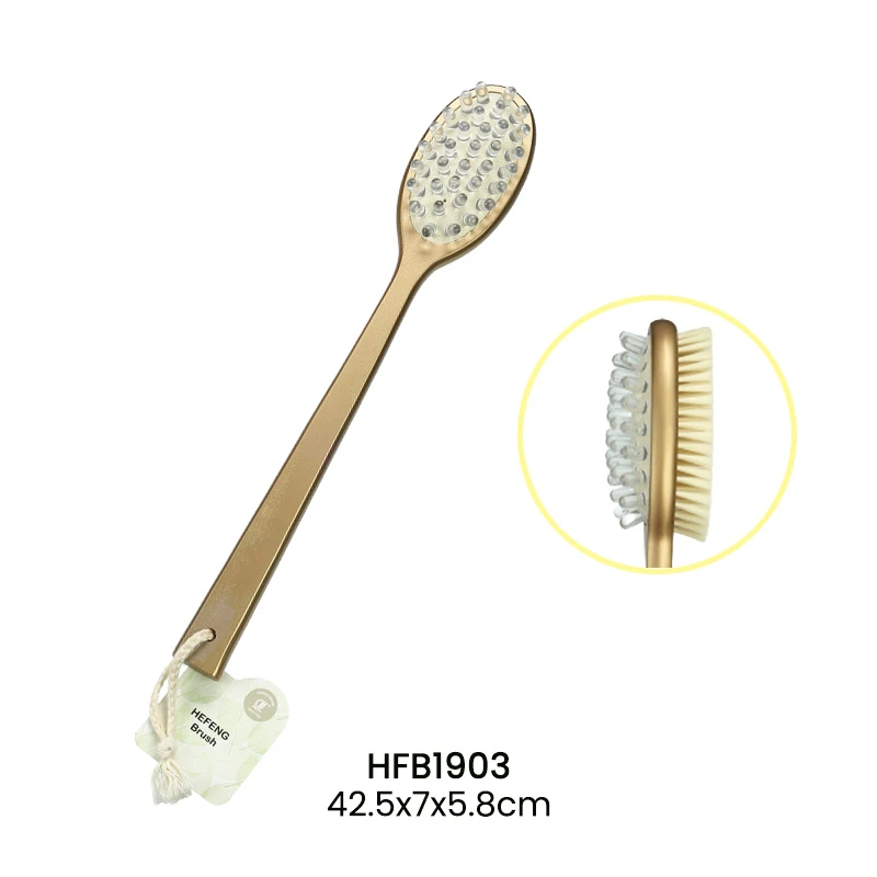 Goldene Badeb&uuml;rste mit langem Griff aus Holz, Massage 2in1