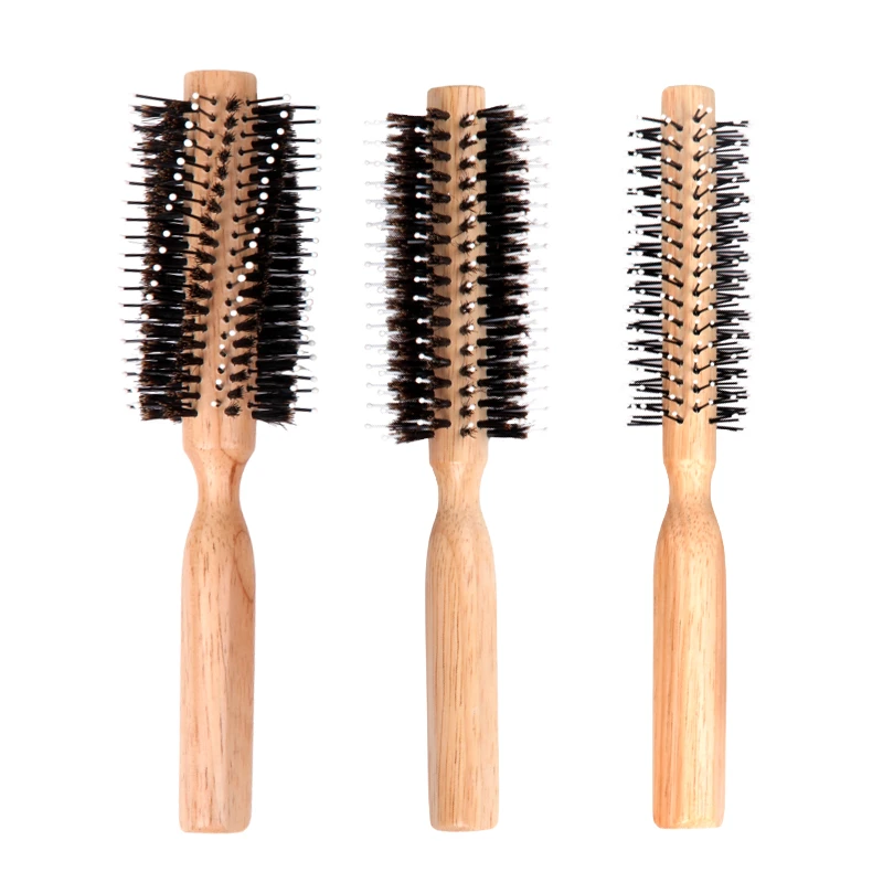 Spiralf&ouml;rmige/gerade runde Haarb&uuml;rste aus Gummiholz mit gemischten Nylon-Wildschweinborsten